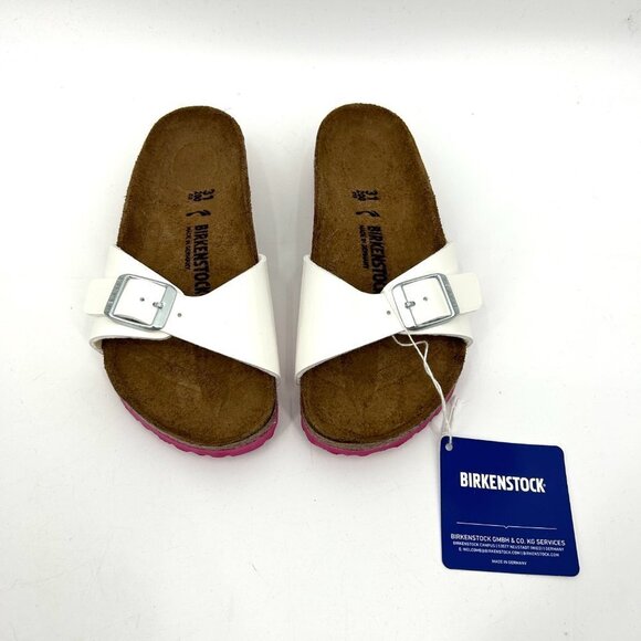 NIB BIRKENSTOCK Girl's Madrid Patent Leather White Pink Slip On Sandals Size 13 - Picture 2 of 6